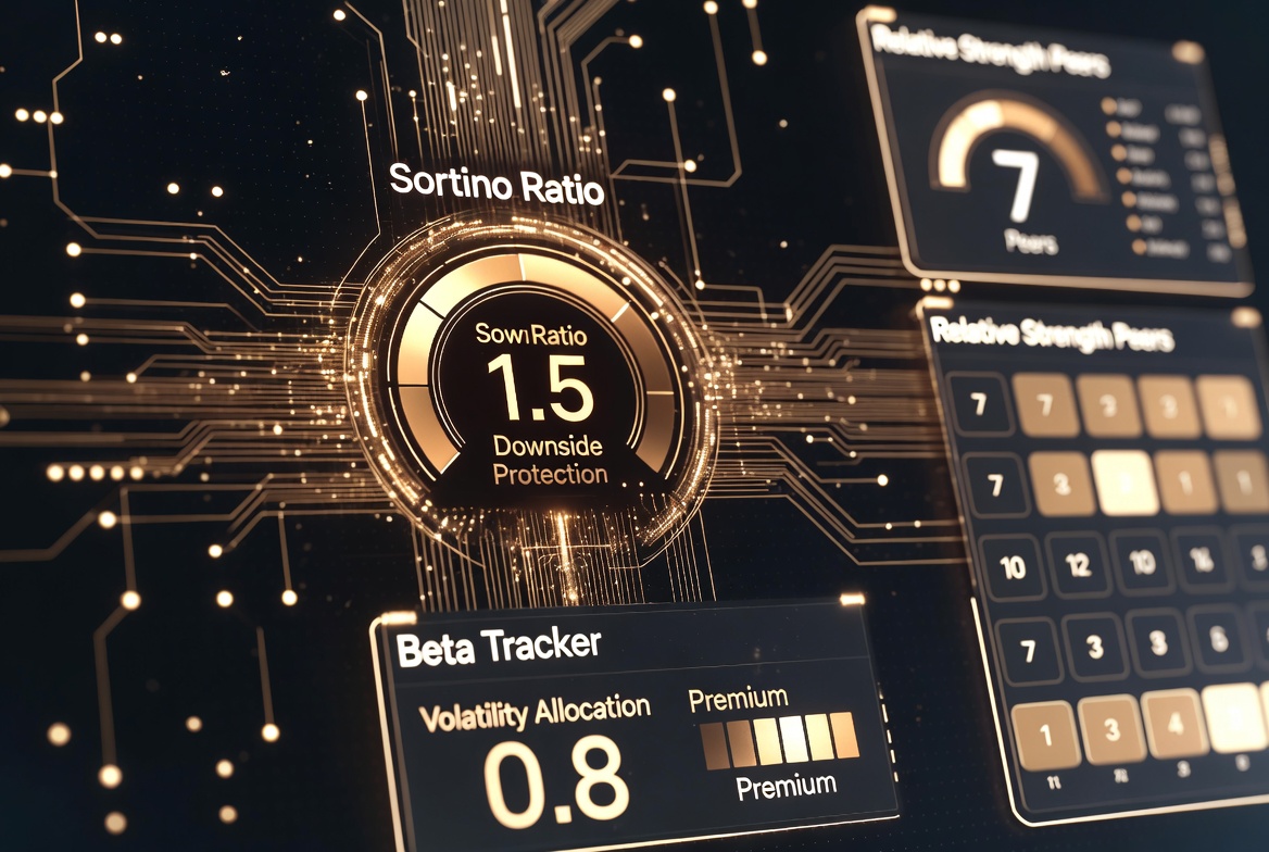Hero: Futuristic gold and black risk parity dashboard featuring Sortino Ratio downside protection gauge with glowing amber metrics, Beta Tracker volatility allocation panel with premium gold indicators, and Relative Strength Peers ranking matrix - all interconnected by luminous circuit pathways against a sleek dark background with balanced allocation visualization patterns