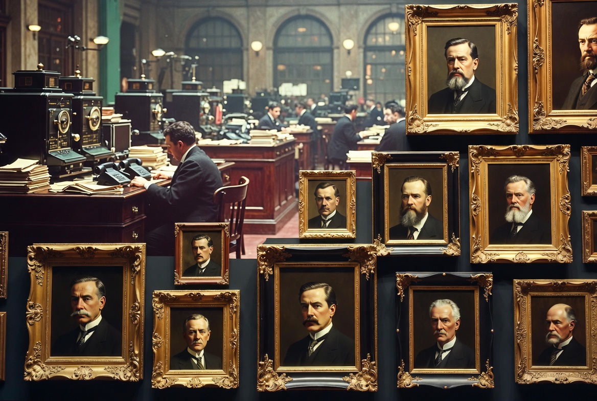 Portrait gallery of legendary traders displayed in golden frames representing the hall of fame of market masters
