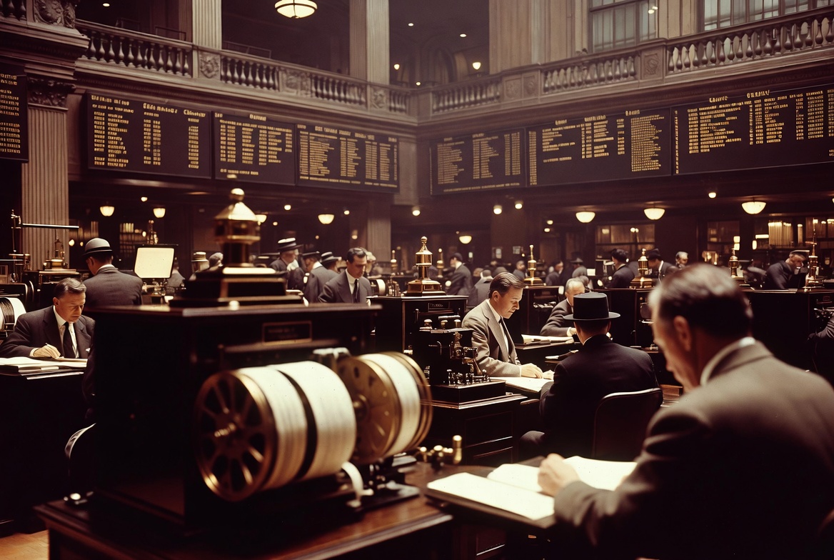 Historical 1920s trading floor with vintage ticker machines representing the Jesse Livermore speculation era