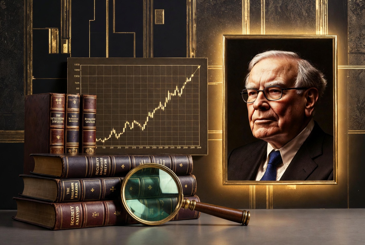 Warren Buffett portrait with value investing books and upward trending chart in golden prestigious style
