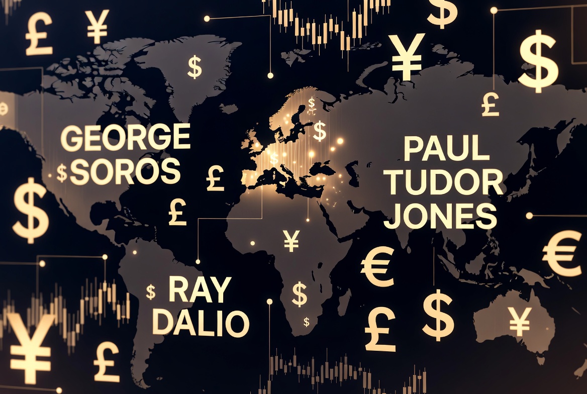 Global map with currency symbols featuring George Soros, Paul Tudor Jones, and Ray Dalio representing macro trading