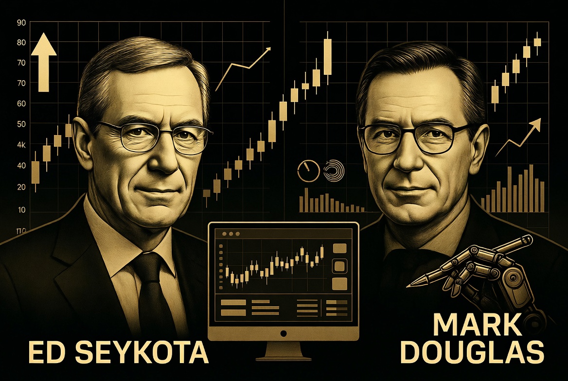 Ed Seykota and Mark Douglas portraits with golden accents representing technical trading and psychology mastery