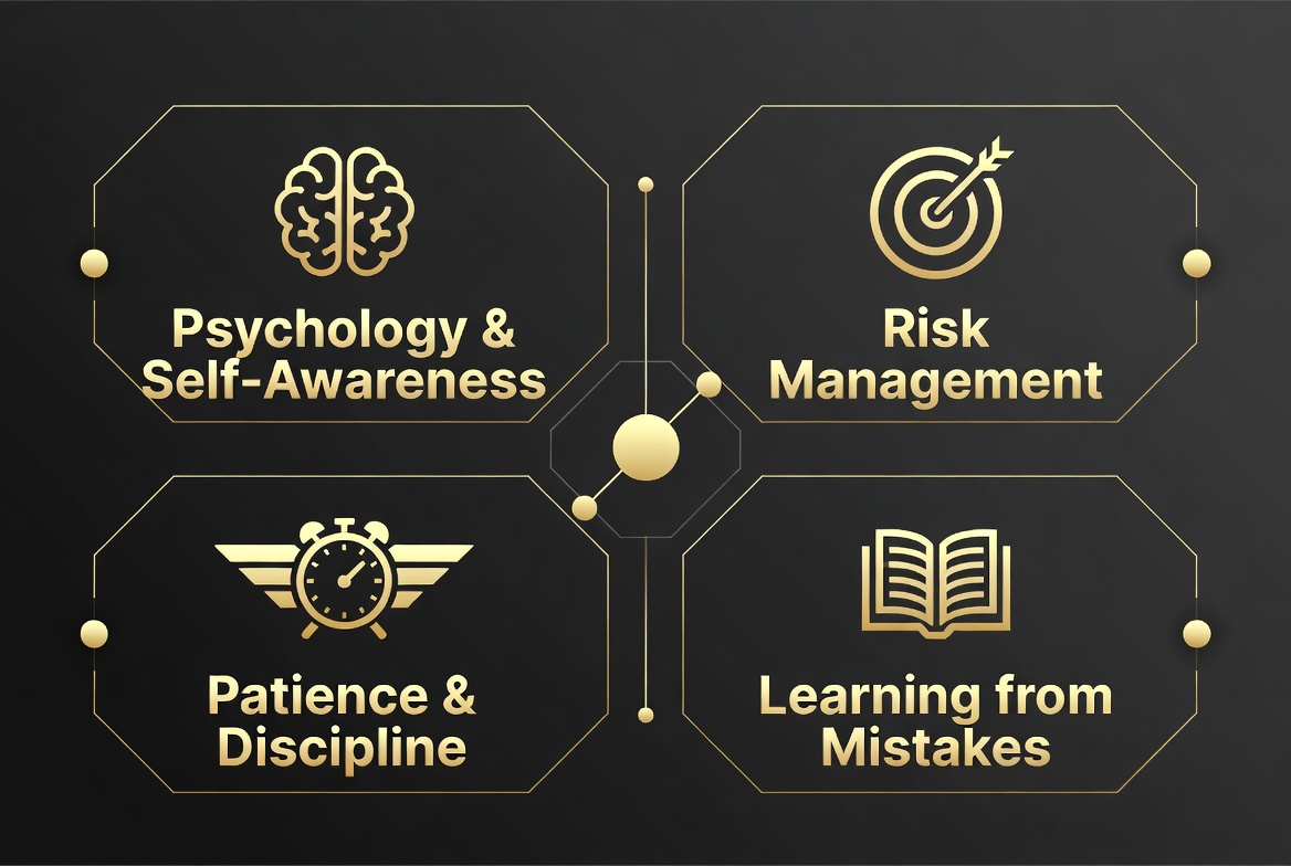 Four pillars infographic showing Psychology & Self-Awareness, Risk Management, Patience & Discipline, Learning from Mistakes